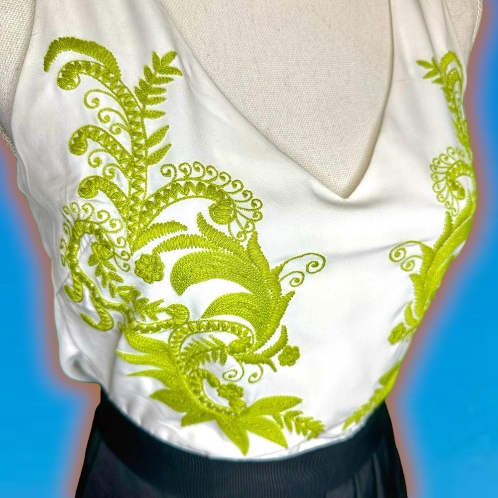 RARE Vintage Sachin + Babi Lime Green Embroidered Black & White Mini Dress Size0 - Picture 14 of 15